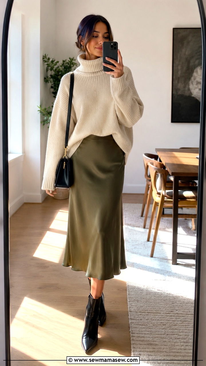 Satin Slip Skirt and Chunky Knit Sweater Outfit - 30 brunch outfits ideas