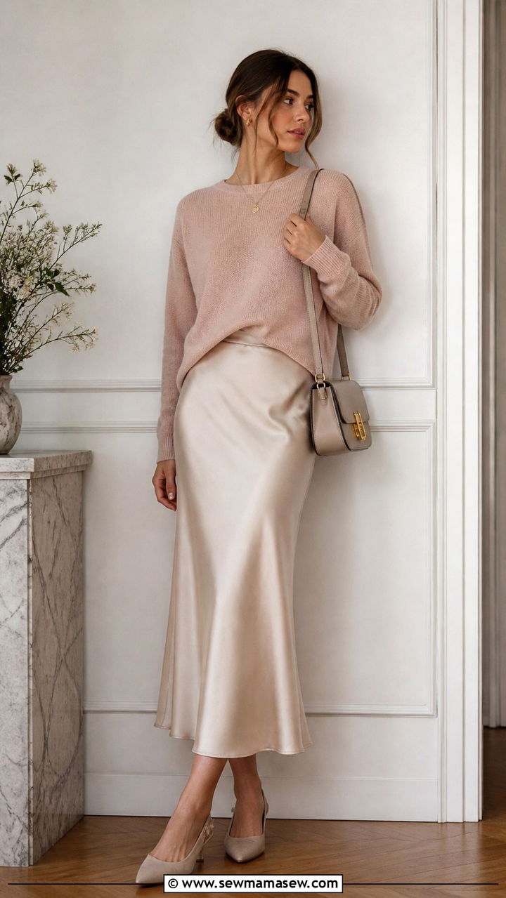 Satin Slip Skirt and Lightweight Sweater Outfit - 40 Spring office outfits