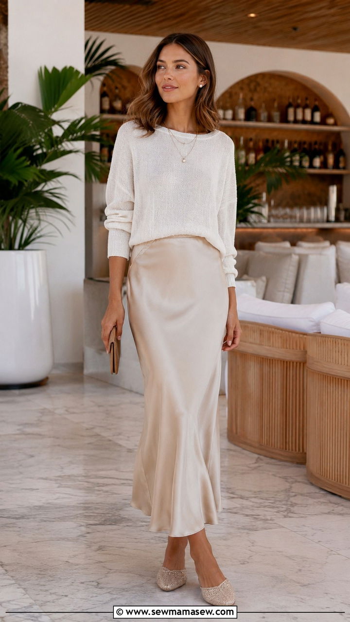 Satin Slip Skirt and a Lightweight Sweater - 30 casual resort outfits