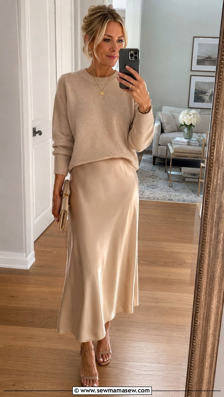 Satin Slip Skirt with Cashmere Sweater and Heeled Sandals - 25 satin skirt outfits for women over 40