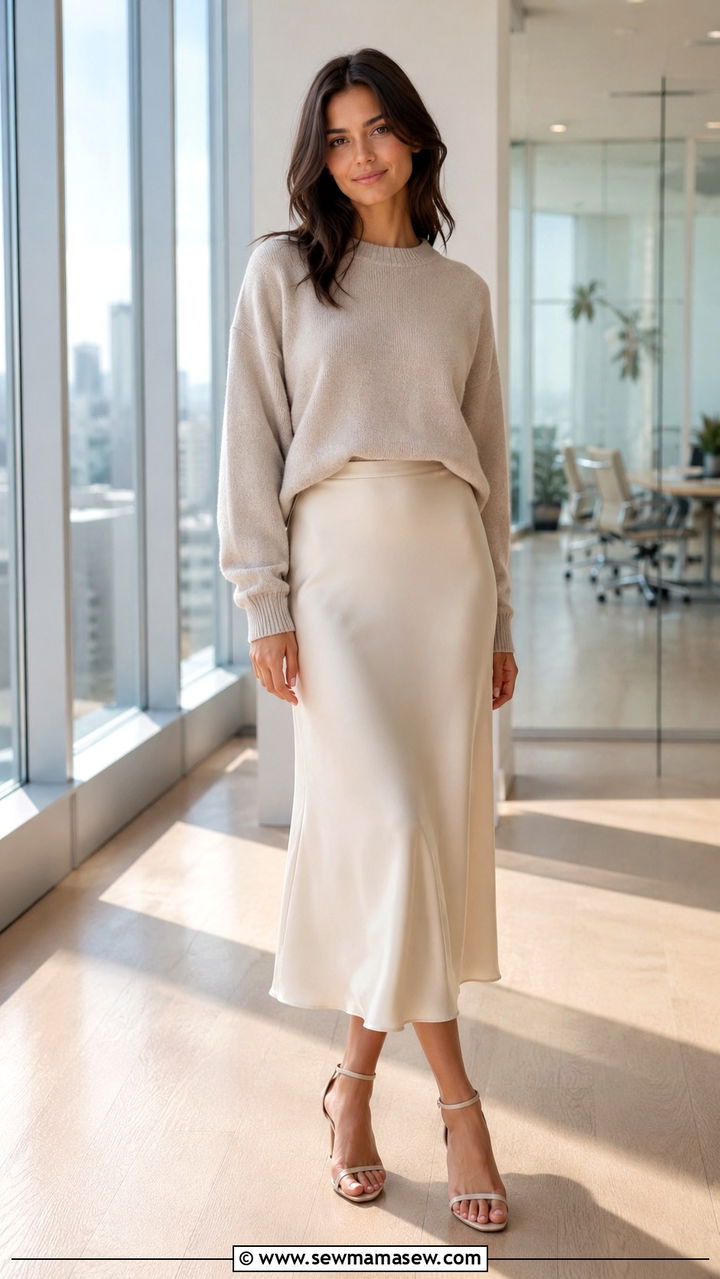 Satin Slip Skirt with Cashmere Sweater and Strappy Heeled Sandals - 30 business casual outfits aesthetic