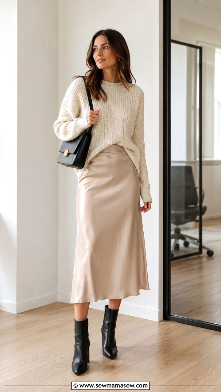 Satin Slip Skirt with Chunky Sweater - 25 work outfits inspo
