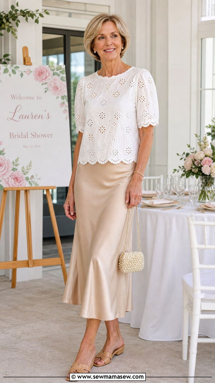 Satin Slip Skirt with Cotton Eyelet Top Summer Outfit - 40 Summer outfit ideas for women over 60 2026