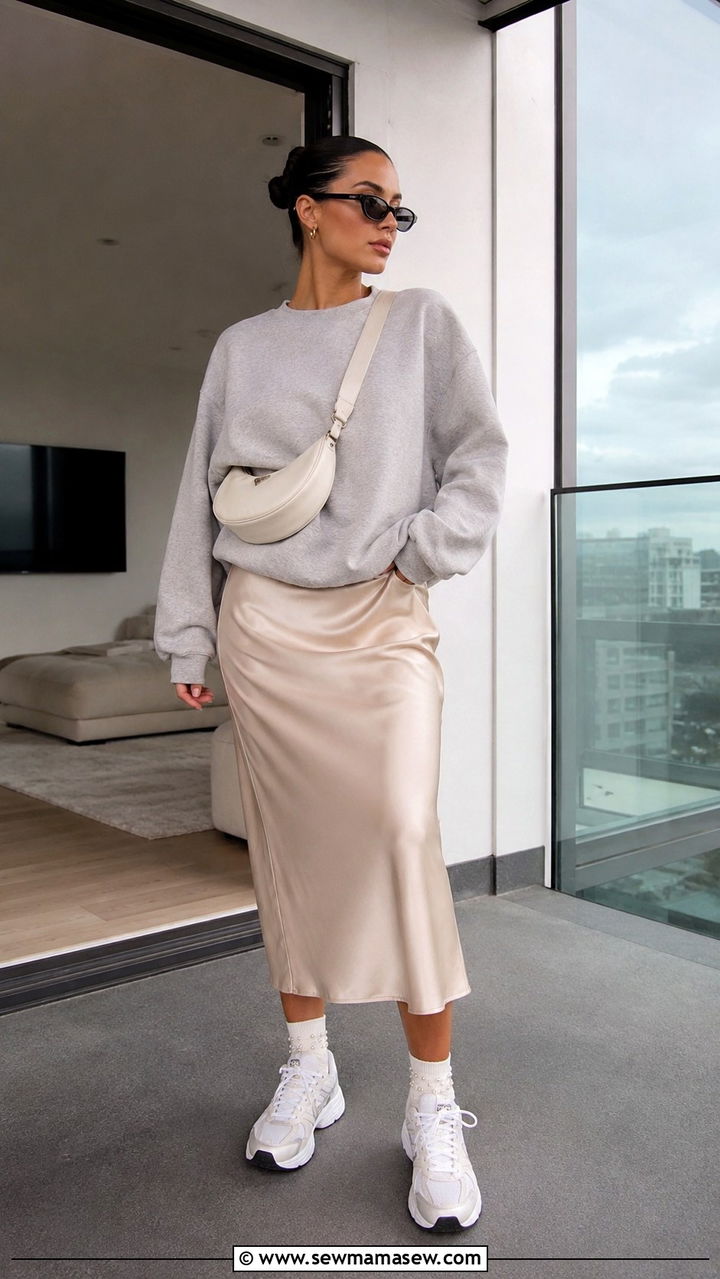 Satin Slip Skirt with Crewneck Sweatshirt - 25 Pilates princess outfit ideas