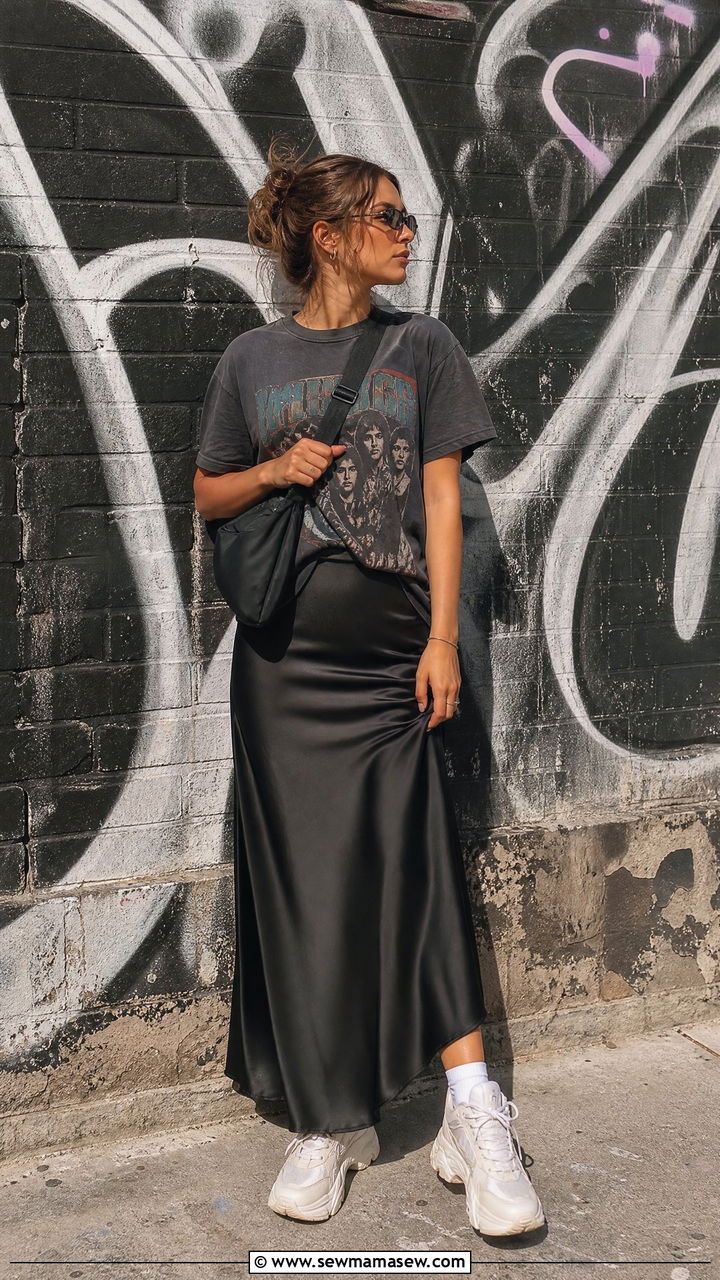 Satin Slip Skirt with Graphic Tee - 30 Summer satin outfits