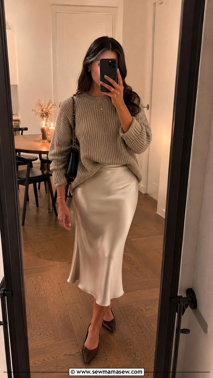 Satin Slip Skirt with a Chunky Knit Sweater - 30 Outfit ideas for wide hips