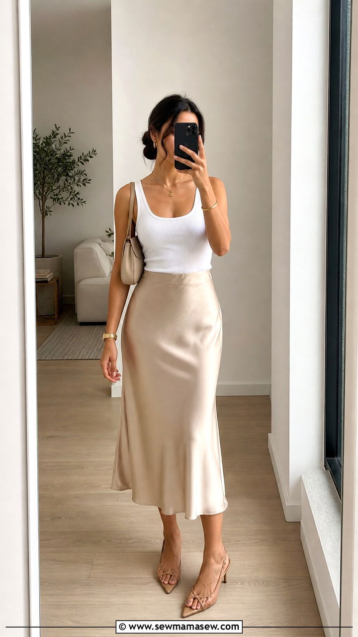 Satin Slip Skirt with a Cotton Tank and Kitten Heels - 40 summer cute outfit ideas