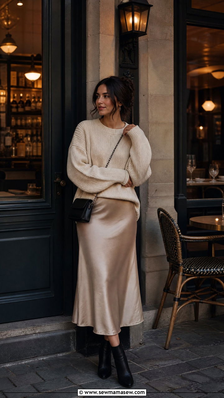 Satin Slip Skirt with an Oversized Knit Sweater and Ankle Boots - 25 Brussels outfit ideas