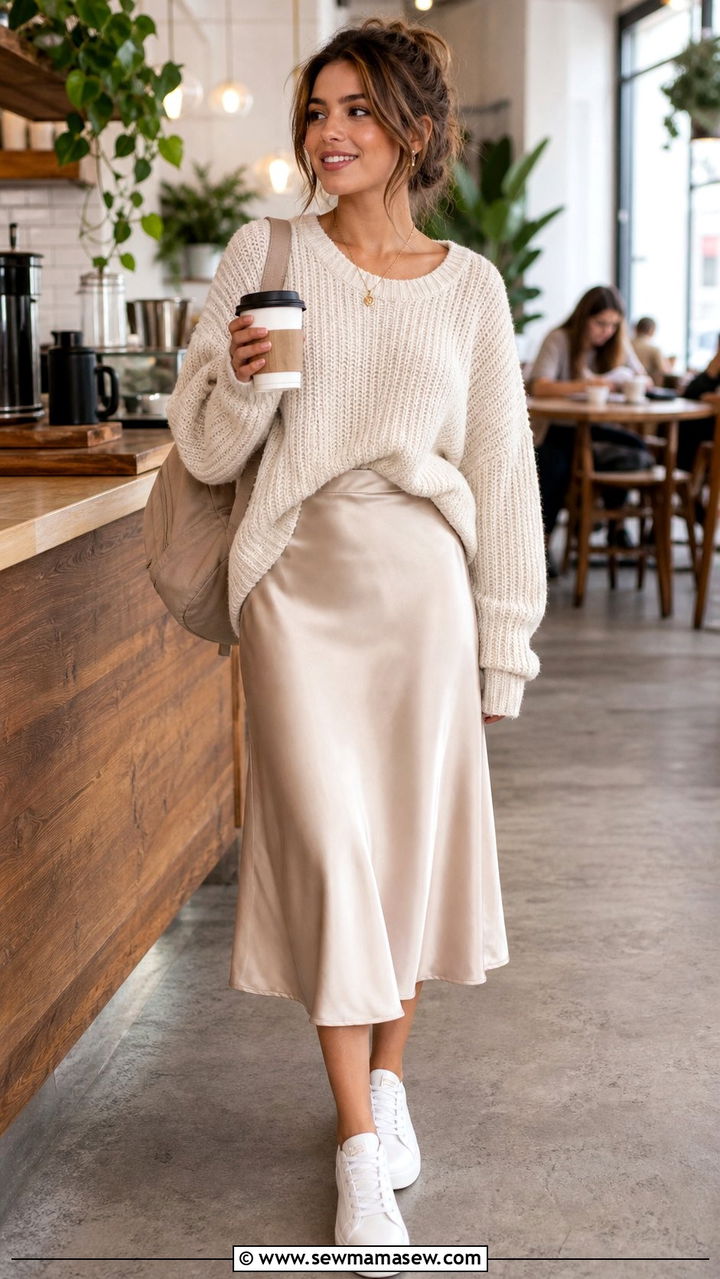 Satin Slip Skirt with an Oversized Knit Sweater - 35 Back to school outfit ideas 2026