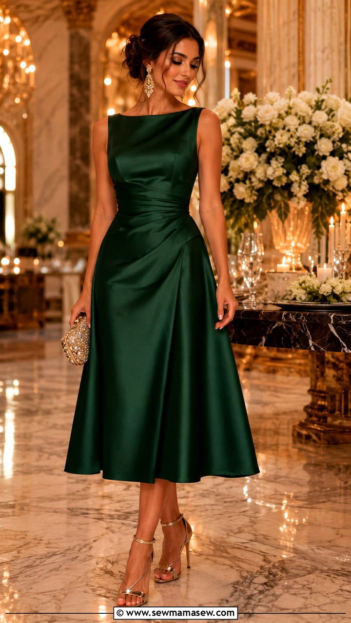 Satin Tea Length Dress With Statement Earrings - 20 Wedding guest outfit ideas tea length dress
