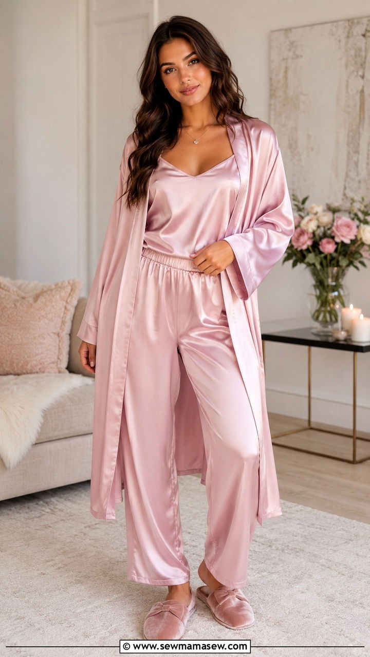 Satin Three Piece Robe Set Outfit - 25 Satin loungewear outfit ideas