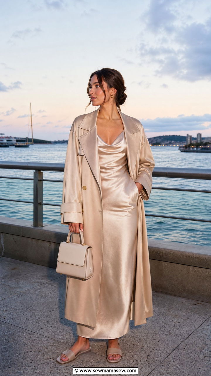 Satin Trench Coat Over Slip Dress - 30 Summer satin outfits