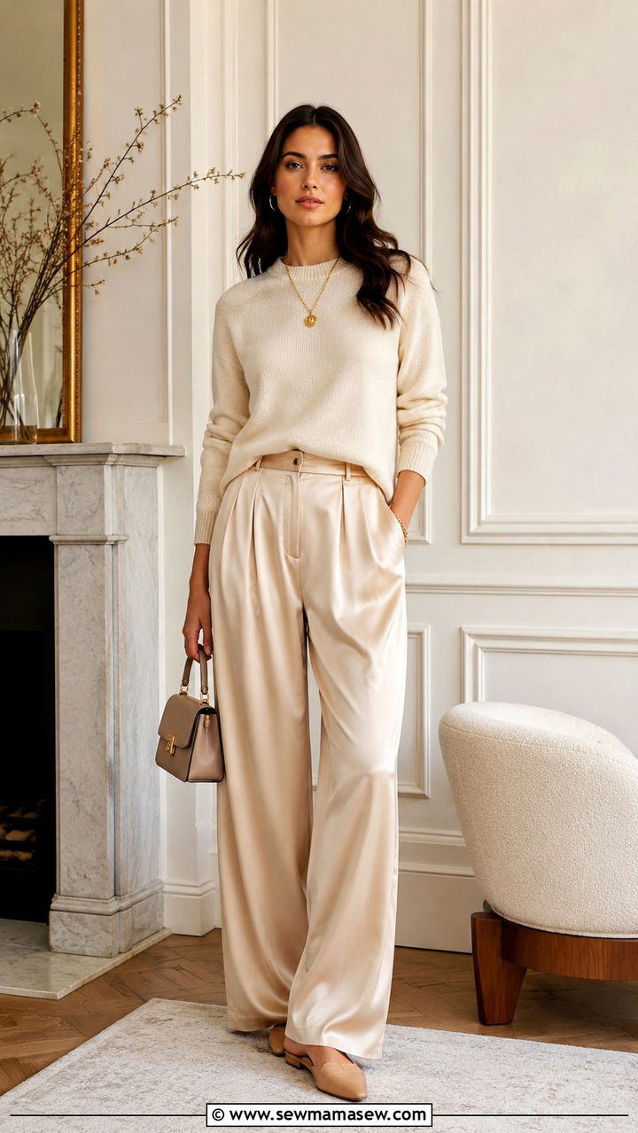 Satin Trousers with Cashmere Sweater - 30 chic trousers outfit ideas