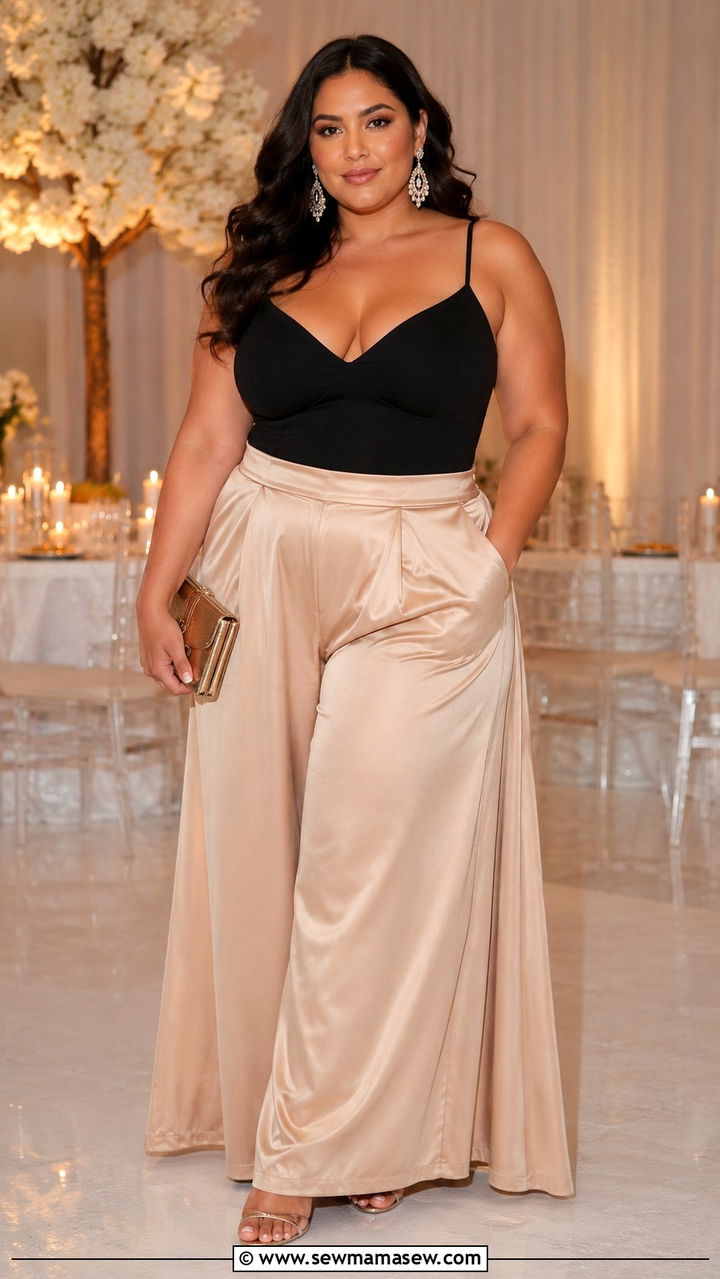 Satin Wide Leg Pants Evening Outfit - 30 Plus size outfit ideas with wide leg pants