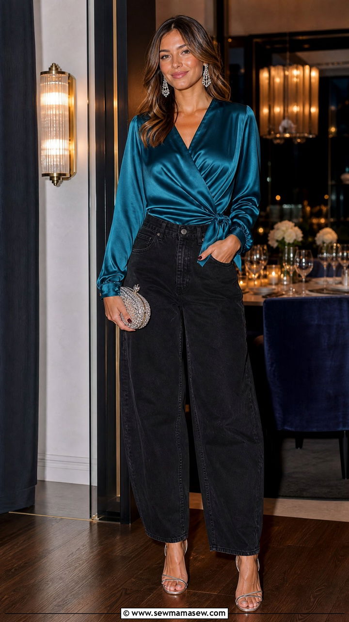 Satin Wrap Blouse With Barrel Leg Black Jeans - 25 chic jeans outfit ideas