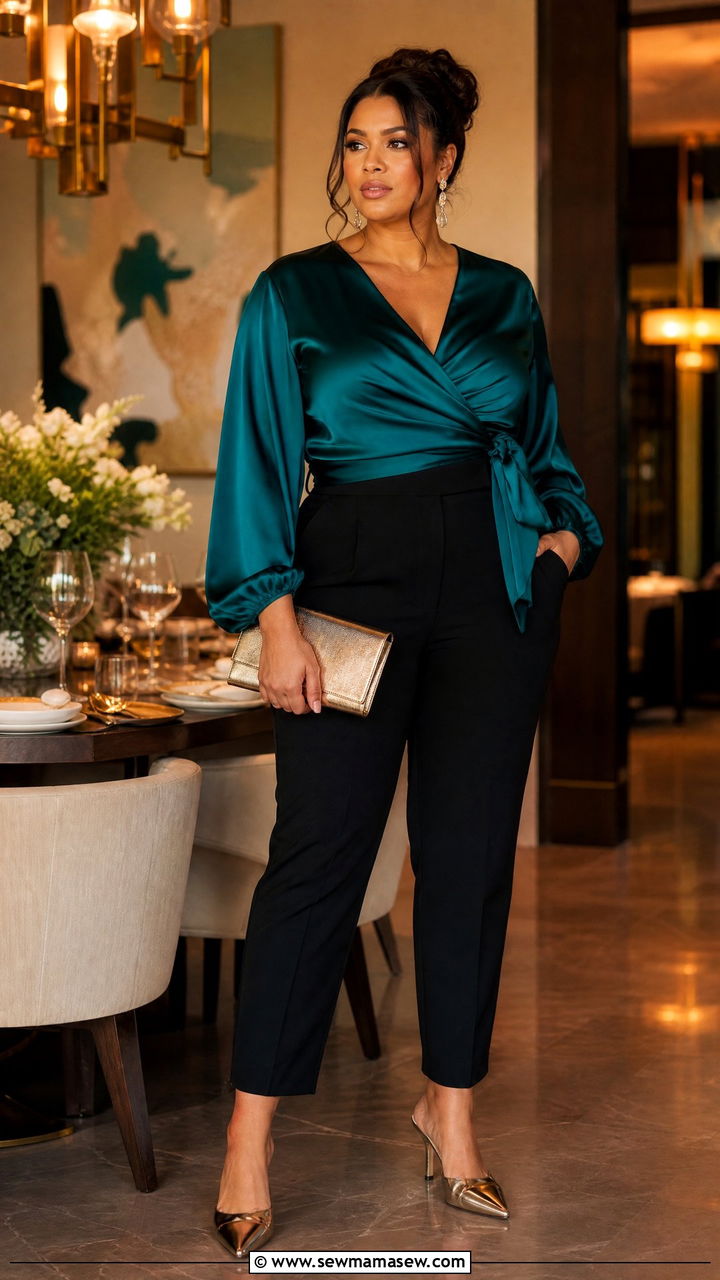 Satin Wrap Blouse and Tapered Trousers Outfit - 30 Summer outfits for curvy women