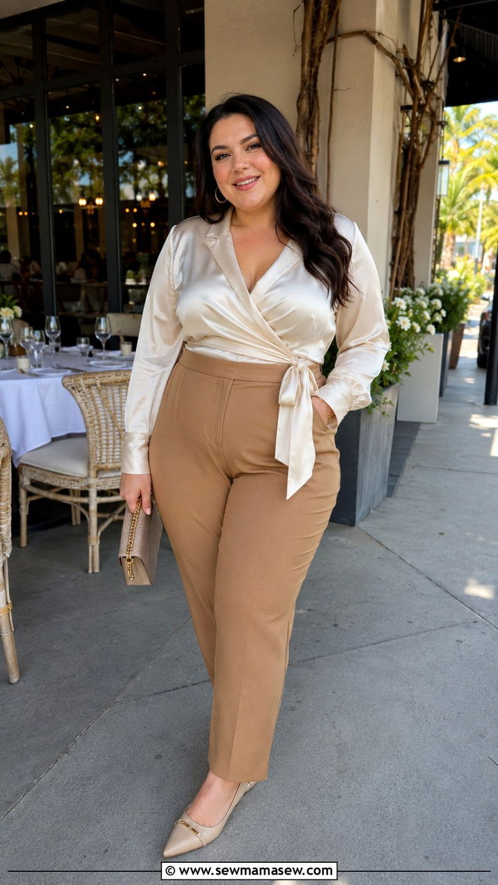Satin Wrap Blouse with Tailored Trousers - 30 Plus size birthday outfit ideas