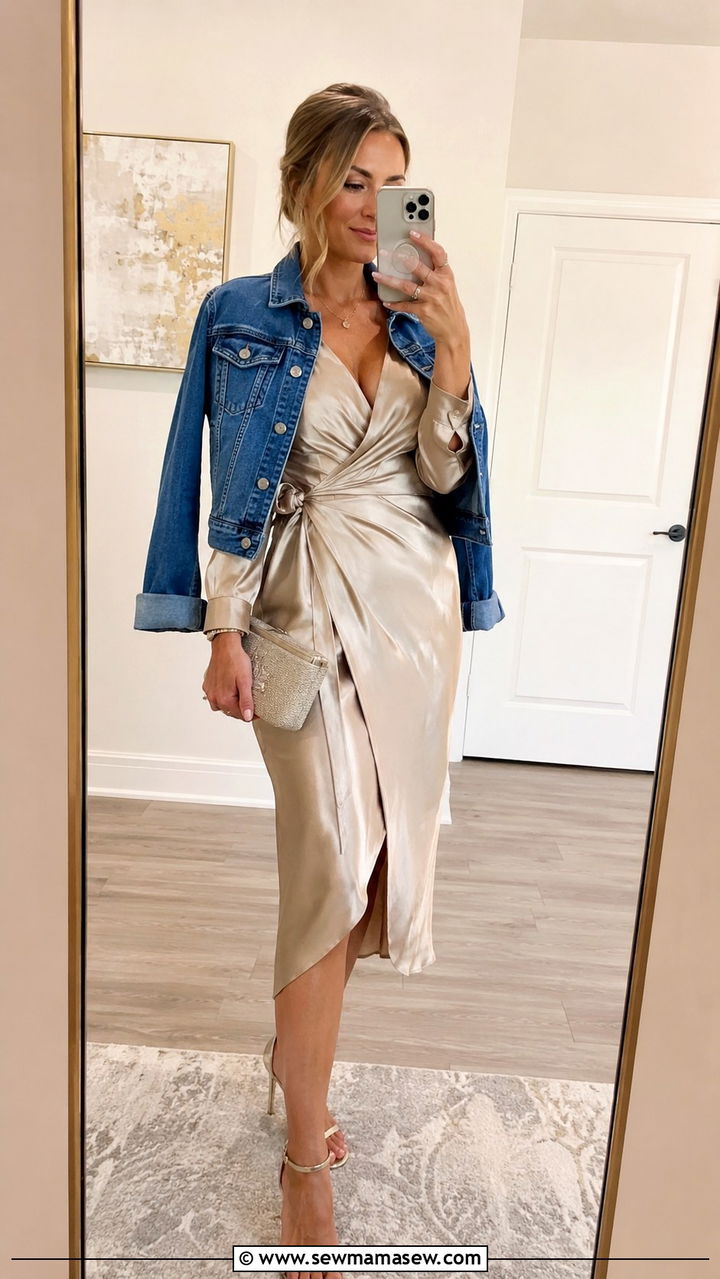 Satin Wrap Dress With Classic Blue Denim Jacket and Strappy Heels - 25 Wrap dress outfit ideas with a denim jacket