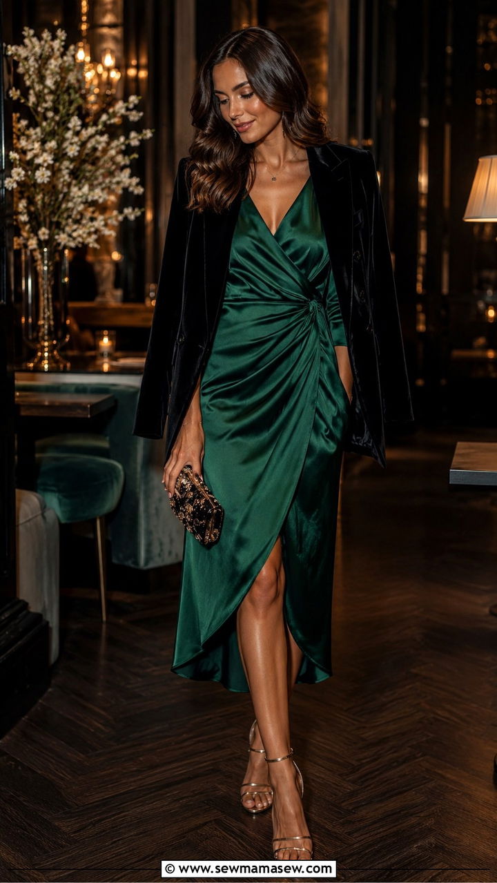 Satin Wrap Dress With Velvet Blazer - 25 Wrap dress outfit ideas with a blazer