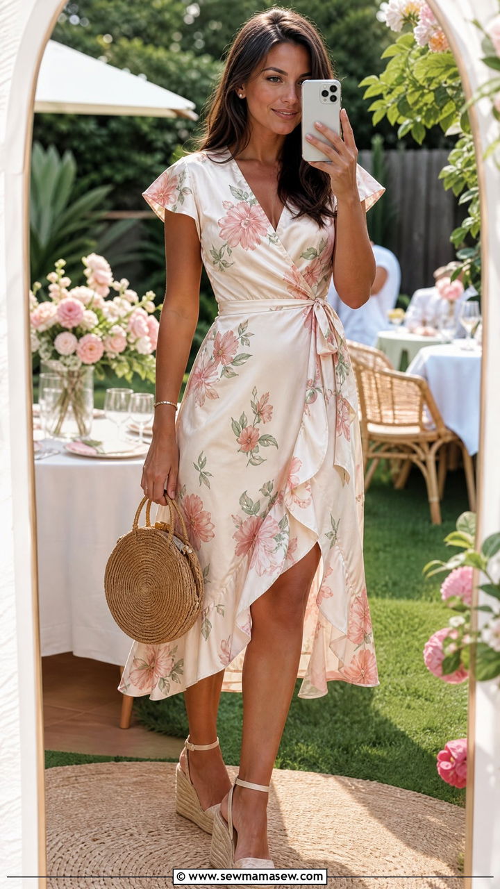 Satin Wrap Dress with Wedge Heels - 30 Summer satin outfits