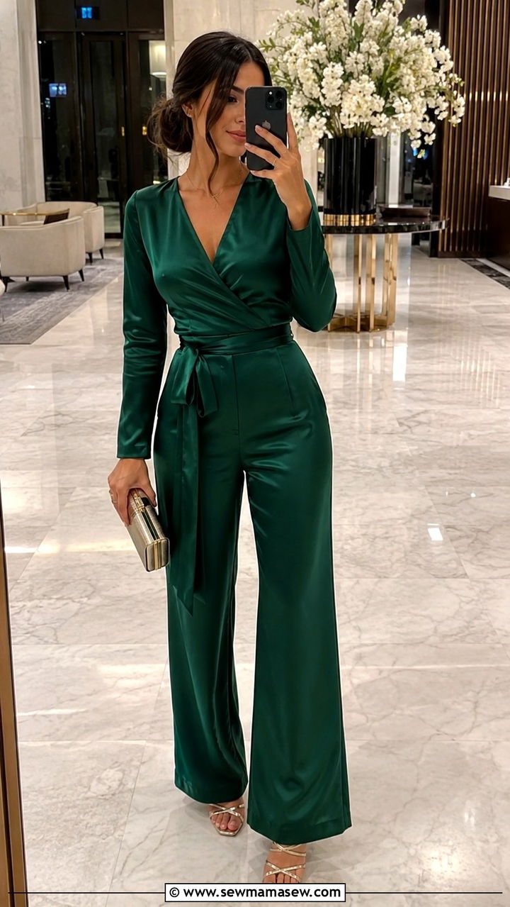 Satin Wrap Jumpsuit With Strappy Heels For Formal Wedding - 30 Jumpsuit outfit ideas for wedding guest