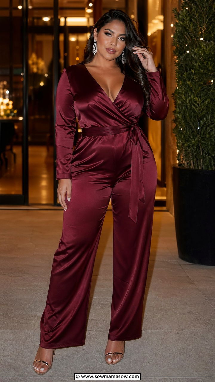 Satin Wrap Jumpsuit with Statement Earrings - 35 Dressy summer outfits