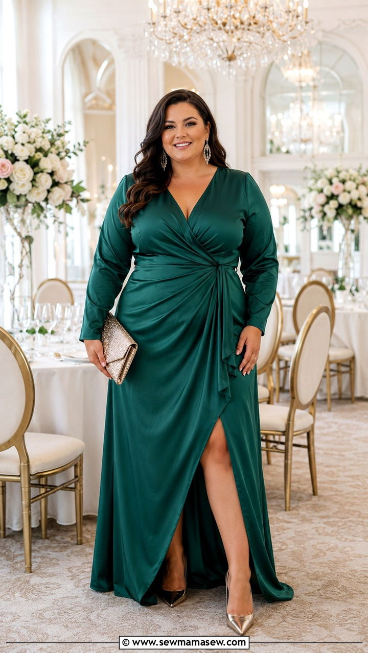 Satin Wrap Maxi Dress With A Front Slit - 30 plus size spring wedding guest outfit ideas