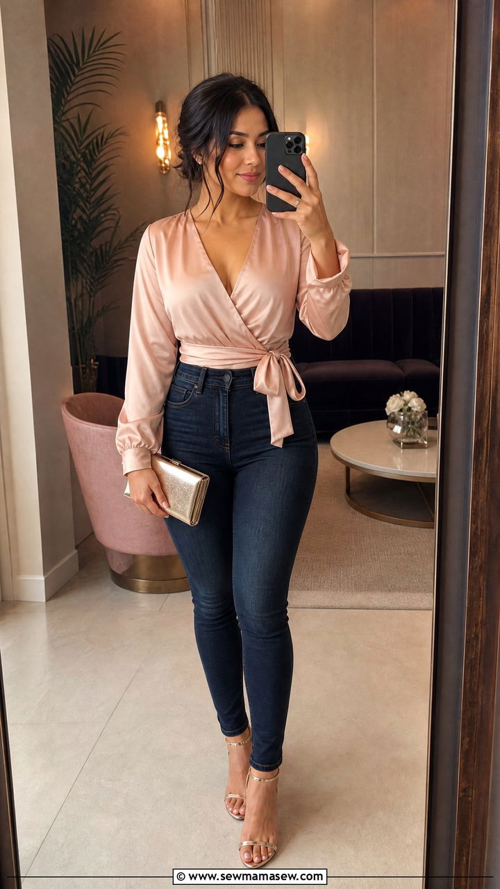 Satin Wrap Top With Dark Skinny Jeans And Heeled Sandals - 25 Petite outfit ideas with apple shape