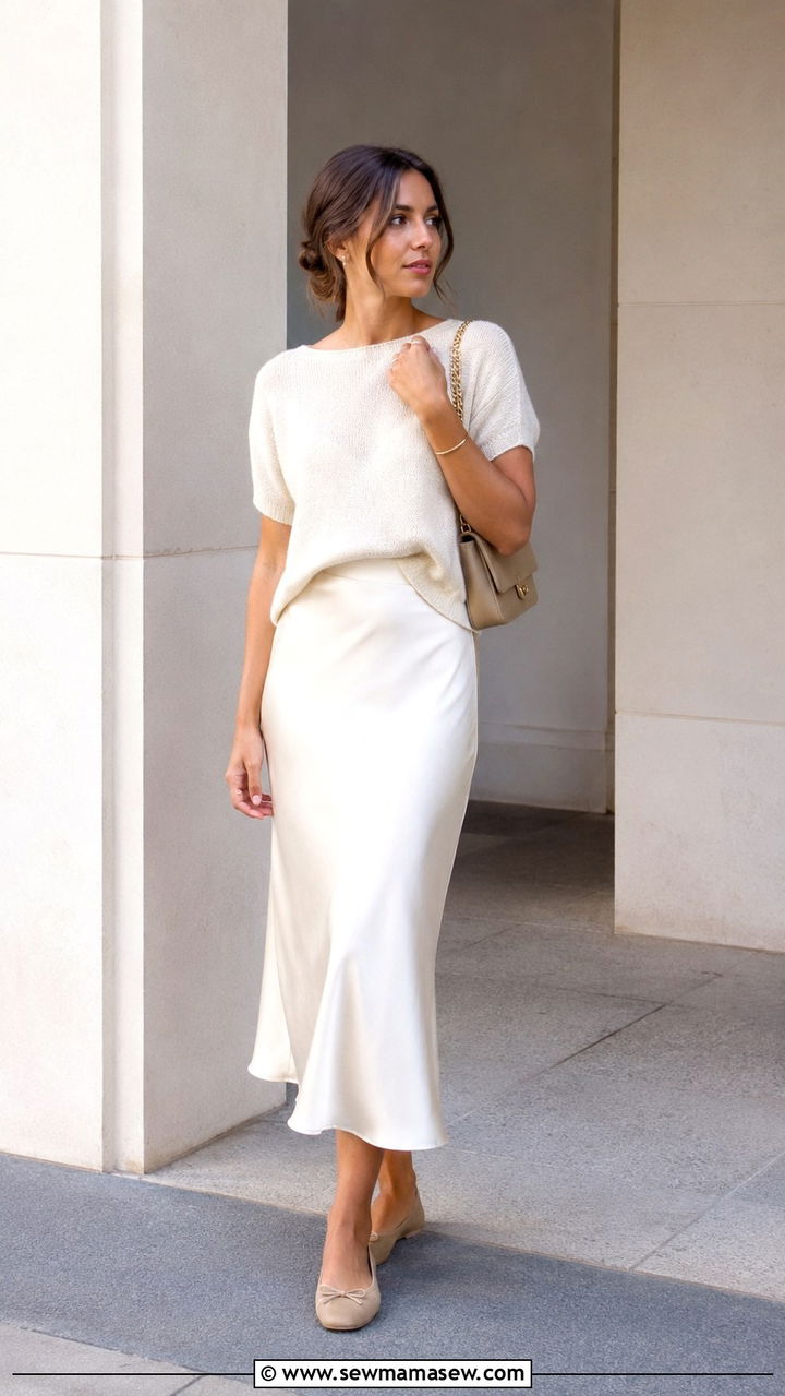 Satin bias cut midi skirt with a lightweight knit top and ballet flats - 30 Romantic summer outfit ideas