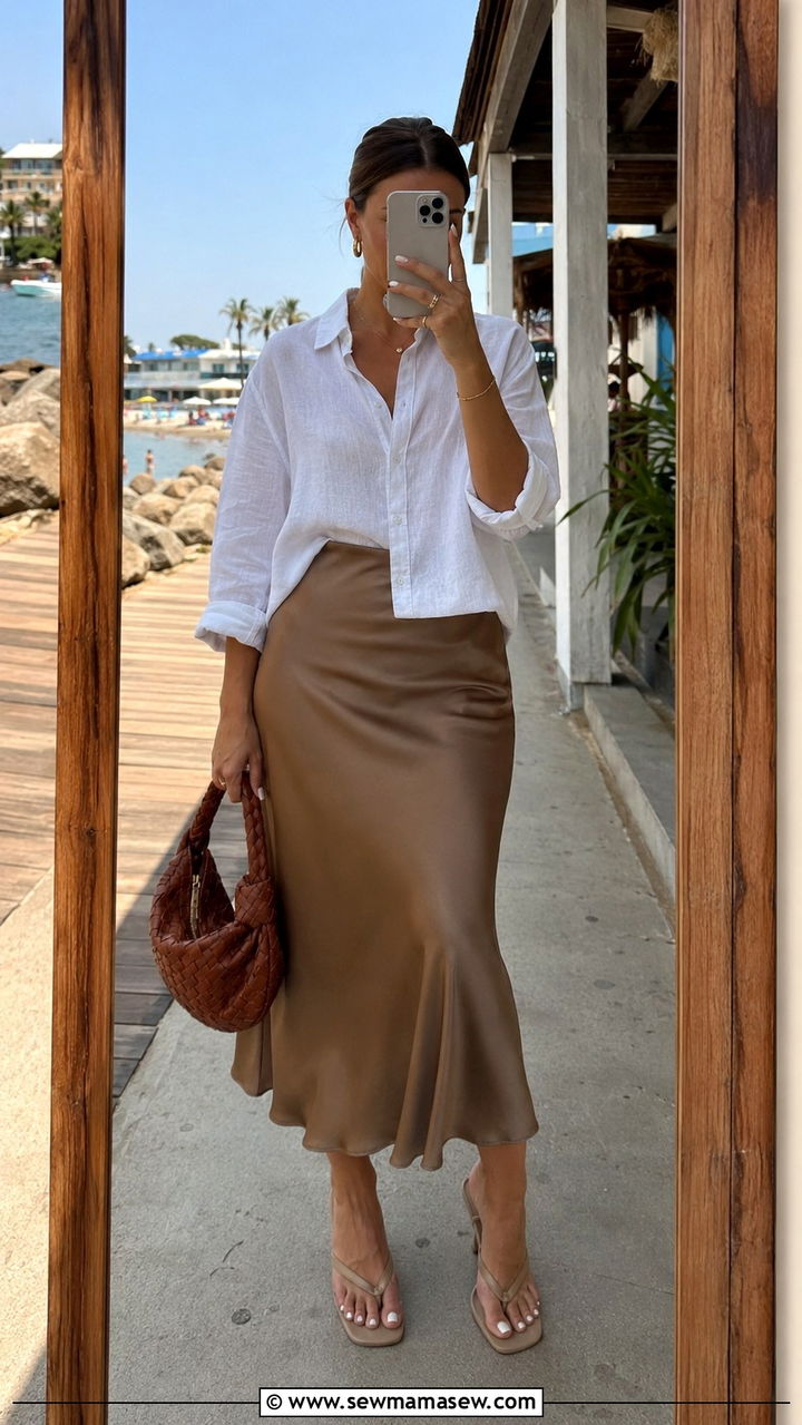 Satin bias midi skirt with heeled flip flops - 30 Midi skirt outfit ideas with heels