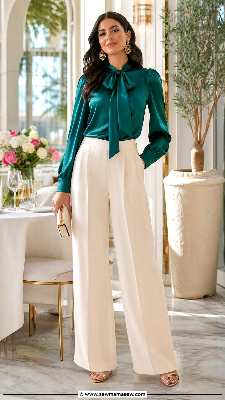 Satin blouse and crepe wide leg trousers - 30 modest brunch outfit ideas