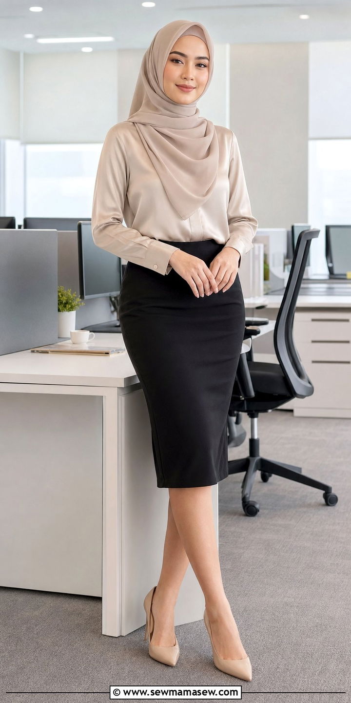 Satin blouse with black pencil skirt and nude heels - 25 classy outfits for hijab women