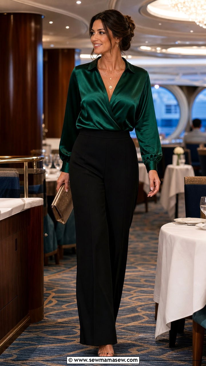 Satin blouse with palazzo pants - 25 Cruise formal night outfit ideas 2026