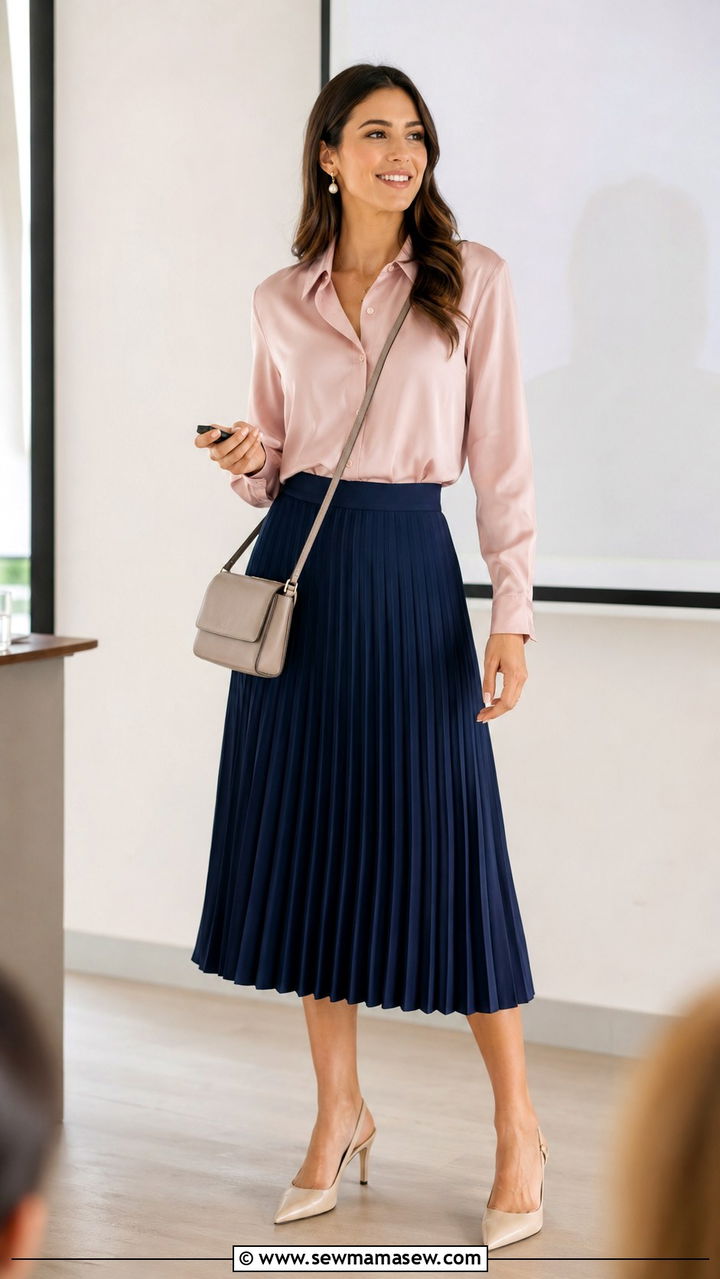 Satin blouse with pleated midi skirt - 30 Spring capsule wardrobe for work