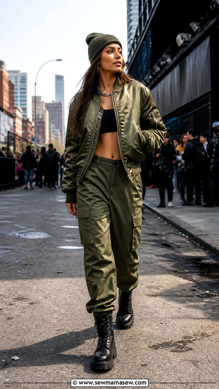 Satin bomber jacket and cargo pants with combat boots - 30 Satin matching set outfit ideas