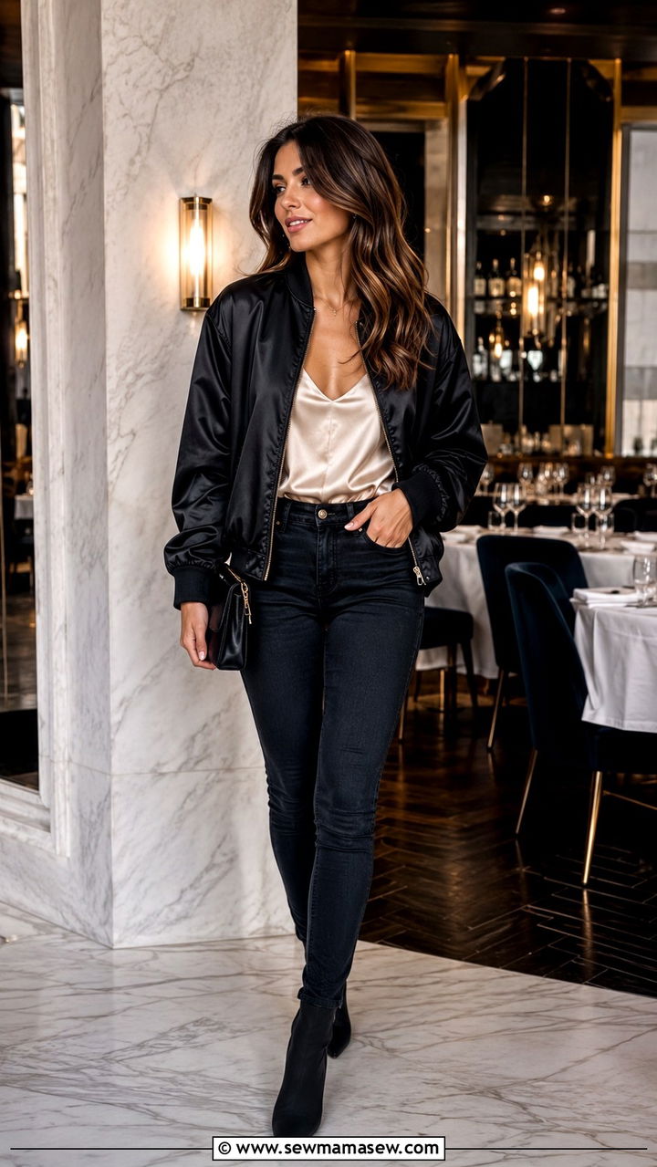Satin bomber jacket with dark wash skinny jeans - 30 Bomber jacket outfit ideas with jeans