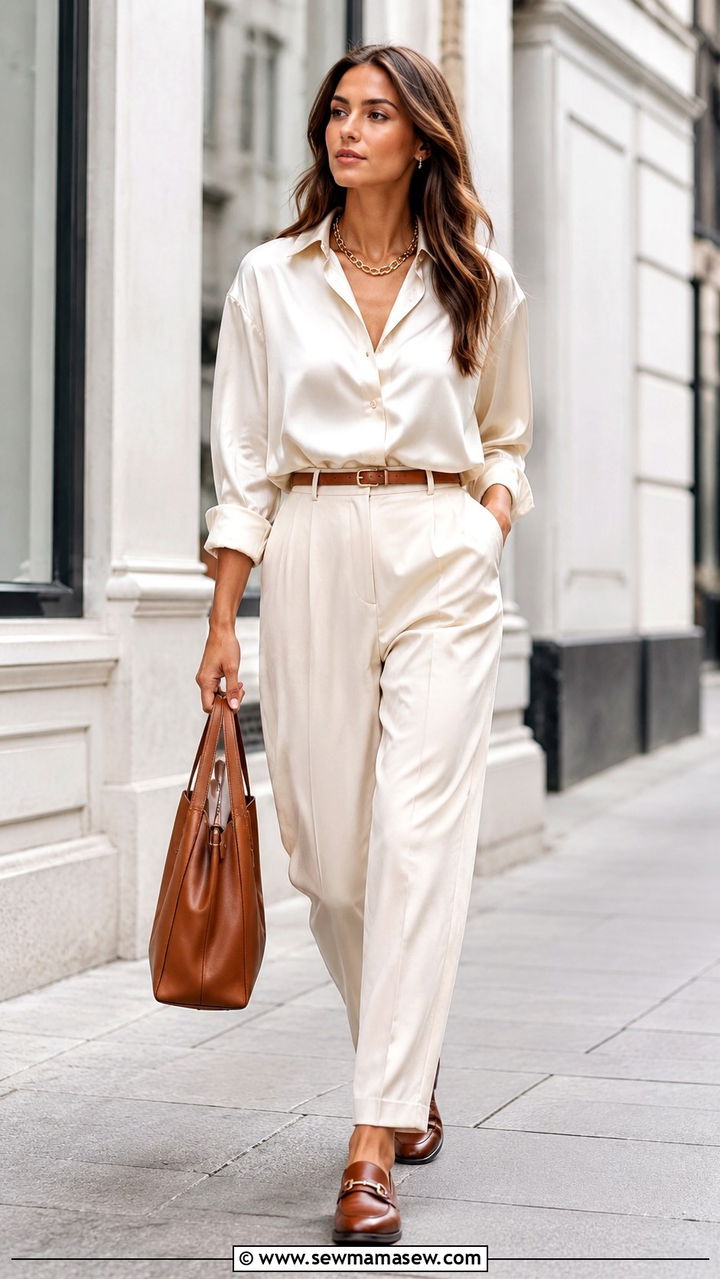 Satin button up shirt and trousers with loafers - 30 Satin matching set outfit ideas