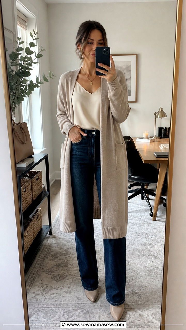 Satin camisole with cardigan and straight leg jeans - 25 Recruiter outfit ideas