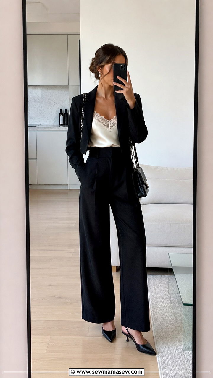 Satin camisole with high waist trousers - 30 classy outfits inspo