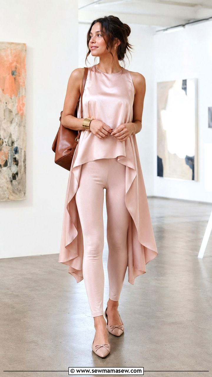 Satin cape effect top and leggings with pointed flats - 30 Satin matching set outfit ideas