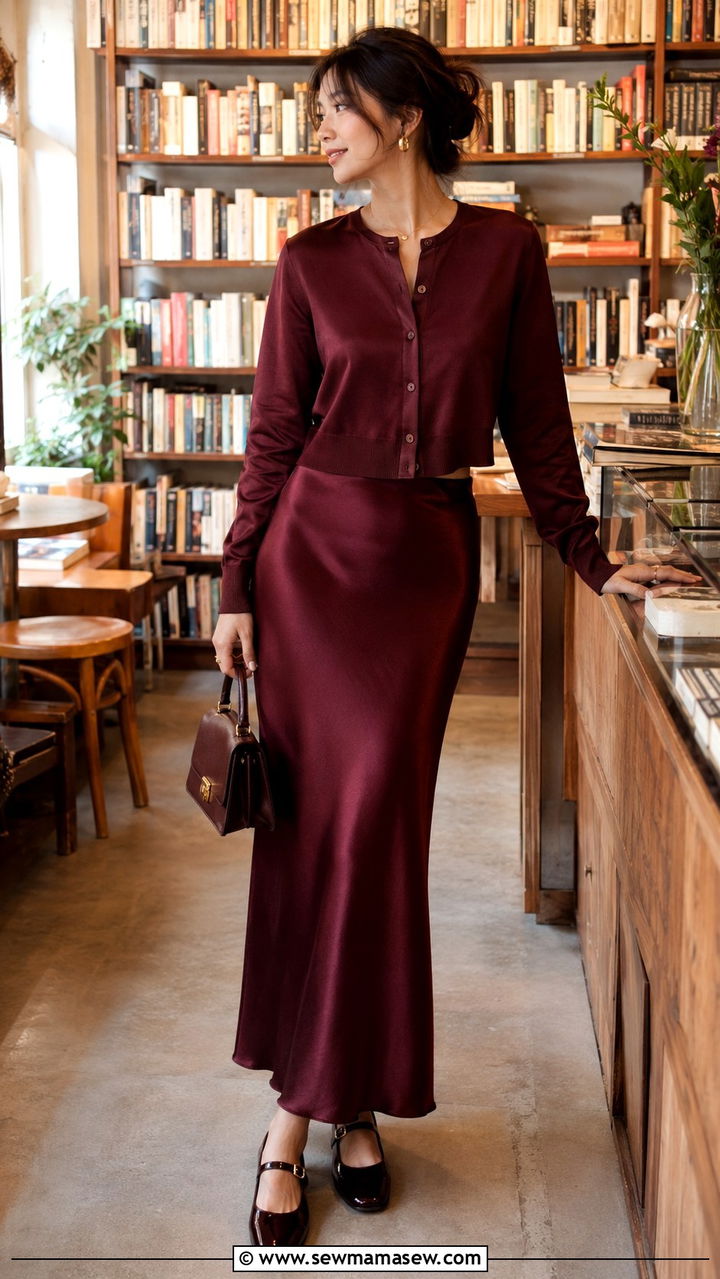Satin cardigan and slip skirt set with Mary Jane flats - 30 Satin matching set outfit ideas
