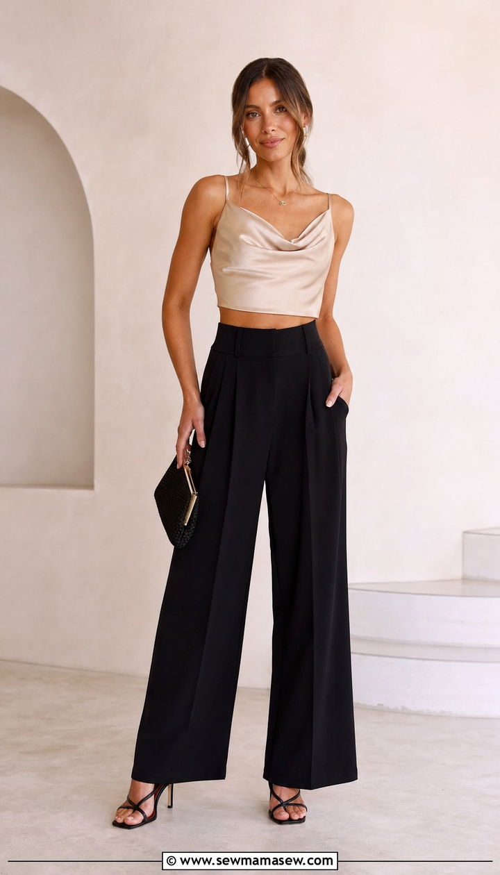 Satin crop top with trousers spring outfit - 25 Spring outfits with crop top