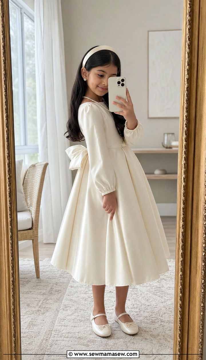 Satin dress with bow for Eid girls - 25 Eid outfit ideas for little girls
