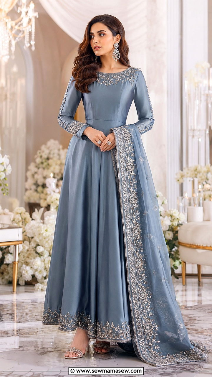 Satin gown with draped dupatta for Walima - 25 Wedding guest outfit ideas Walima ceremony