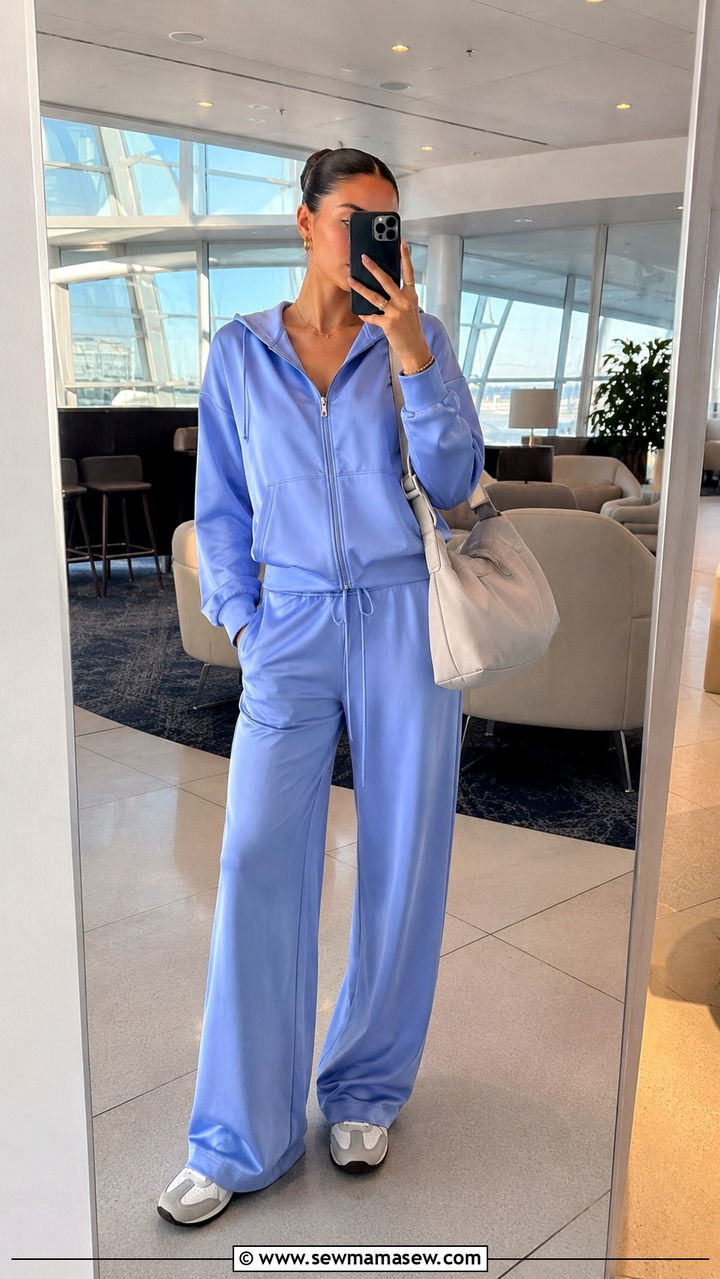 Satin hoodie and wide leg sweatpants with retro sneakers - 30 Satin matching set outfit ideas