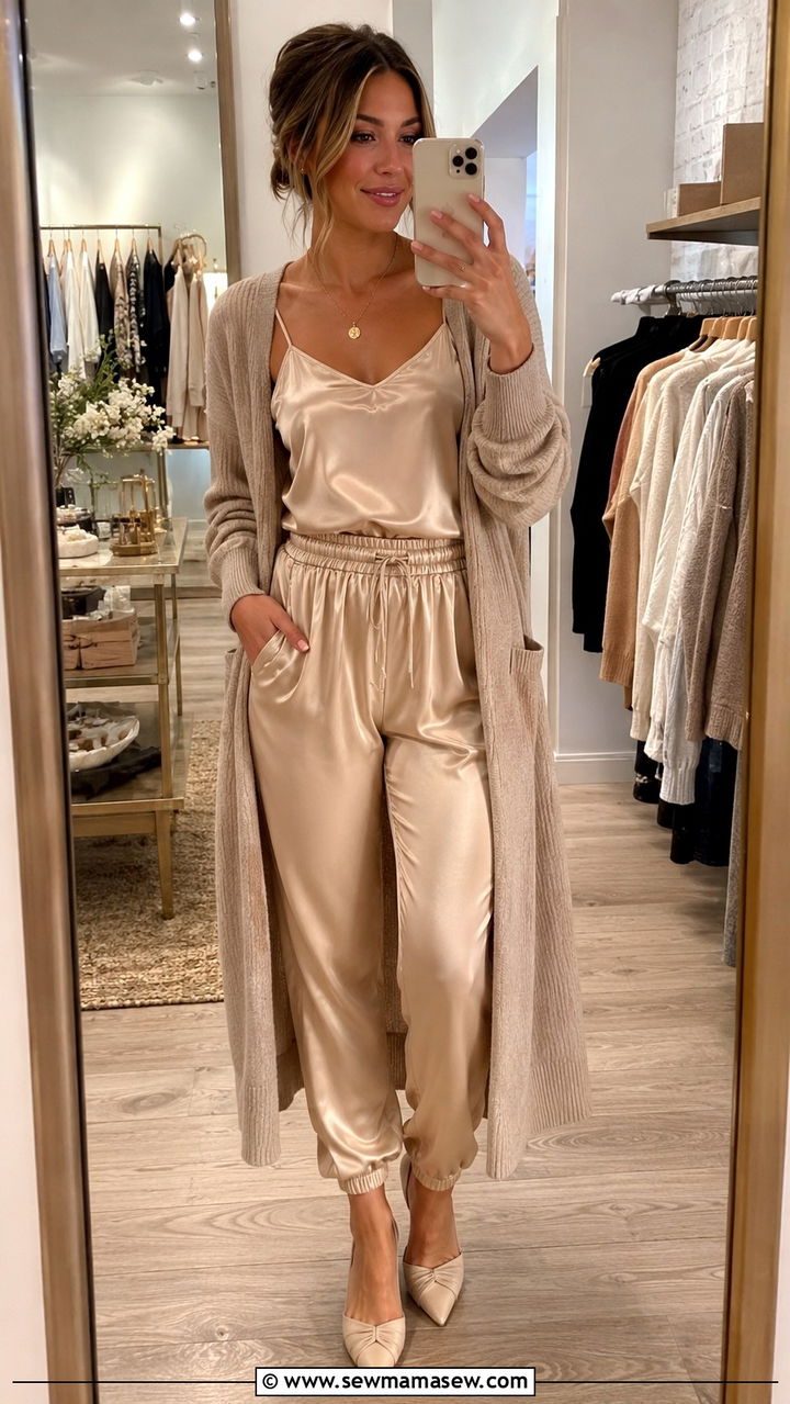 Satin joggers with cami and cardigan - 30 casual joggers outfits