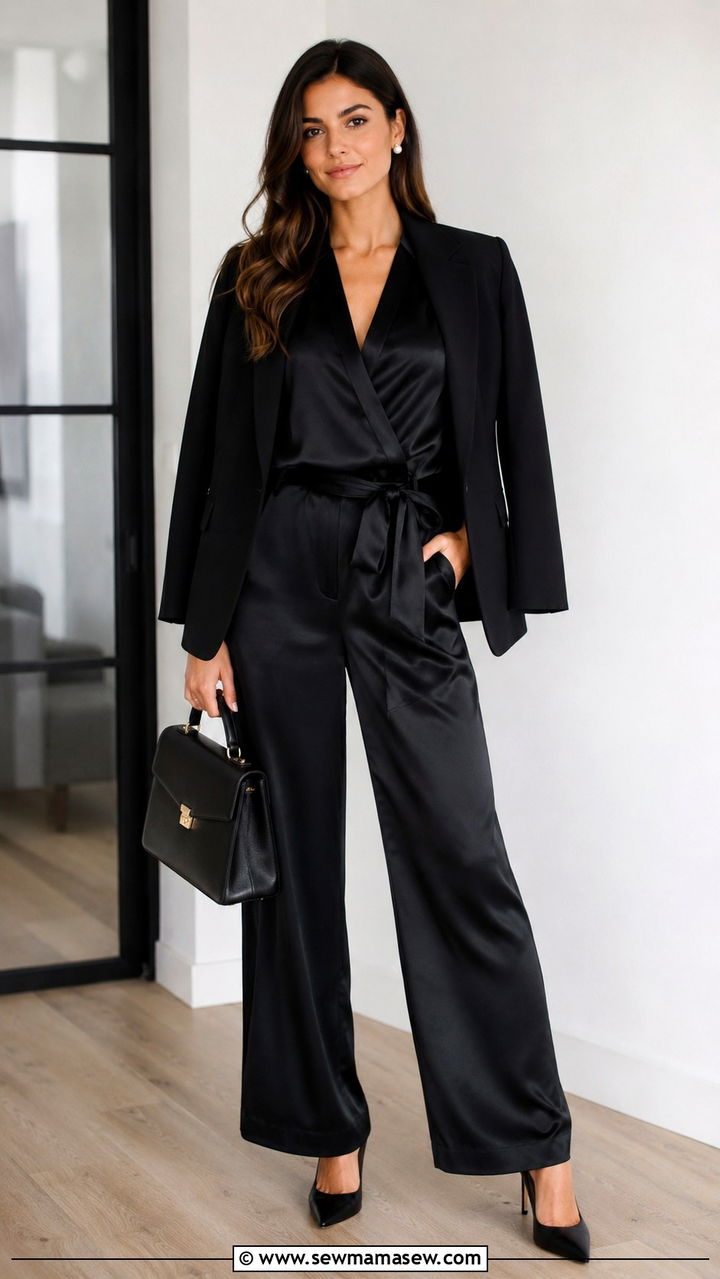 Satin jumpsuit office look with blazer - 30 How to style a jumpsuit for work