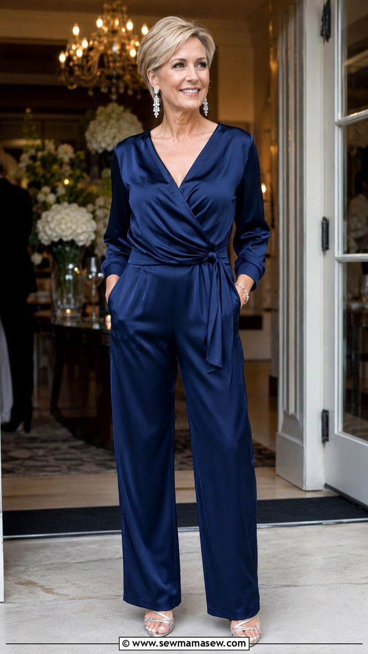 Satin jumpsuit with crystal jewelry - 30 Jumpsuit outfit ideas for women over 50