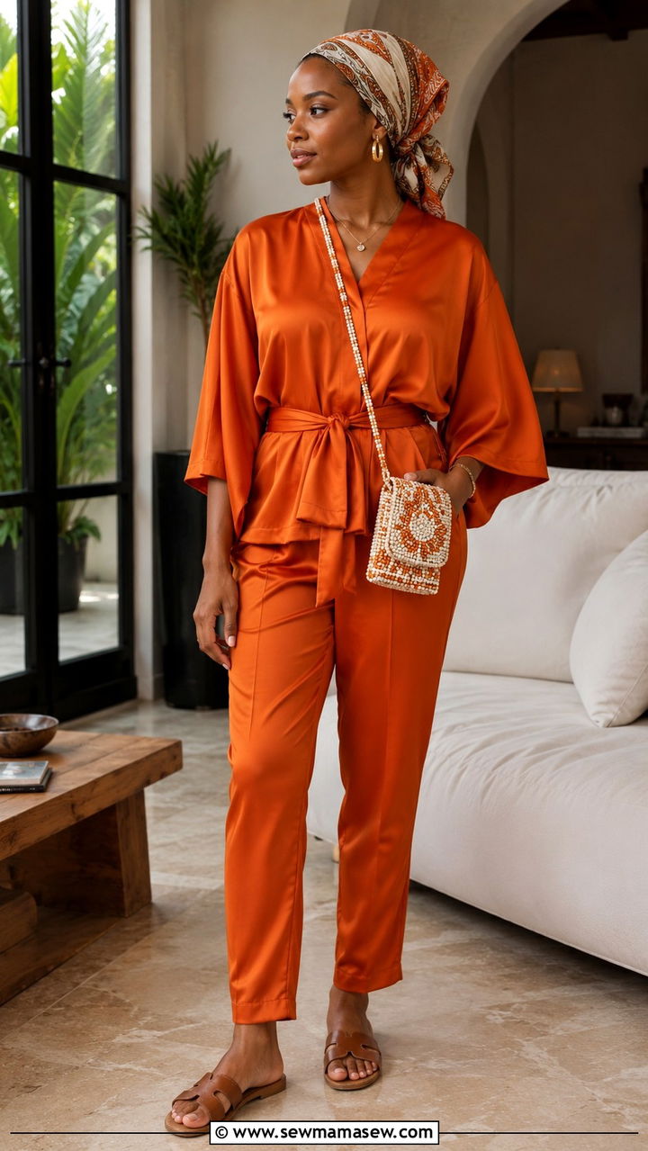 Satin kimono sleeve set with flat slides - 30 Satin matching set outfit ideas
