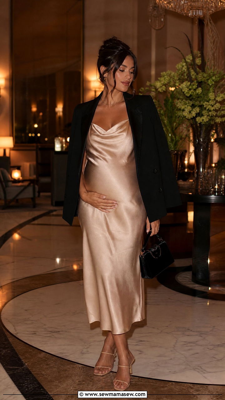 Satin maternity midi dress for evening vacation - 30 Maternity outfit ideas for vacation